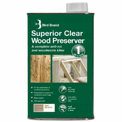 Picture of Bird Brand Superior Clear Wood Preserver - Anti Rot and Woodworm Killer 1l